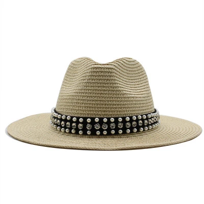 Summer Sunscreen Men Panama Straw Breathable Hat Fashion Cowboy Weave Hat With Bling Rhinestone Hat Band Low Price Wholesale