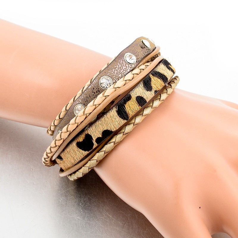 Top fashion unisex leather bracelet leopard print leather with fur double rows leather bracelet with magnetic clasp