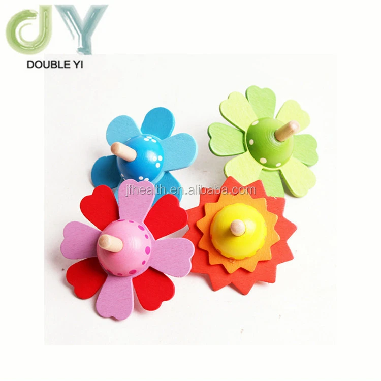 Traditional educational toy flower design wooden spinning top