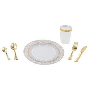 Unbreakable custom printed plastic disposable plates dinnerware sets 25pcs 7.5&quot; 25pcs 10.25&quot; 25pcs knife 25pcs spoon 25pcs fork
