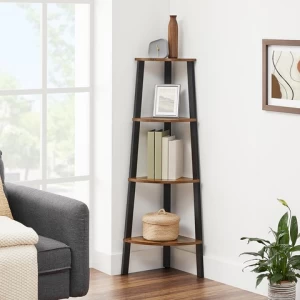VASAGLE  Corner Shelf 4-Tier Bookshelf Storage Rack Plant Stand Rustic Wood Accent Industrial Furniture with Metal Frame