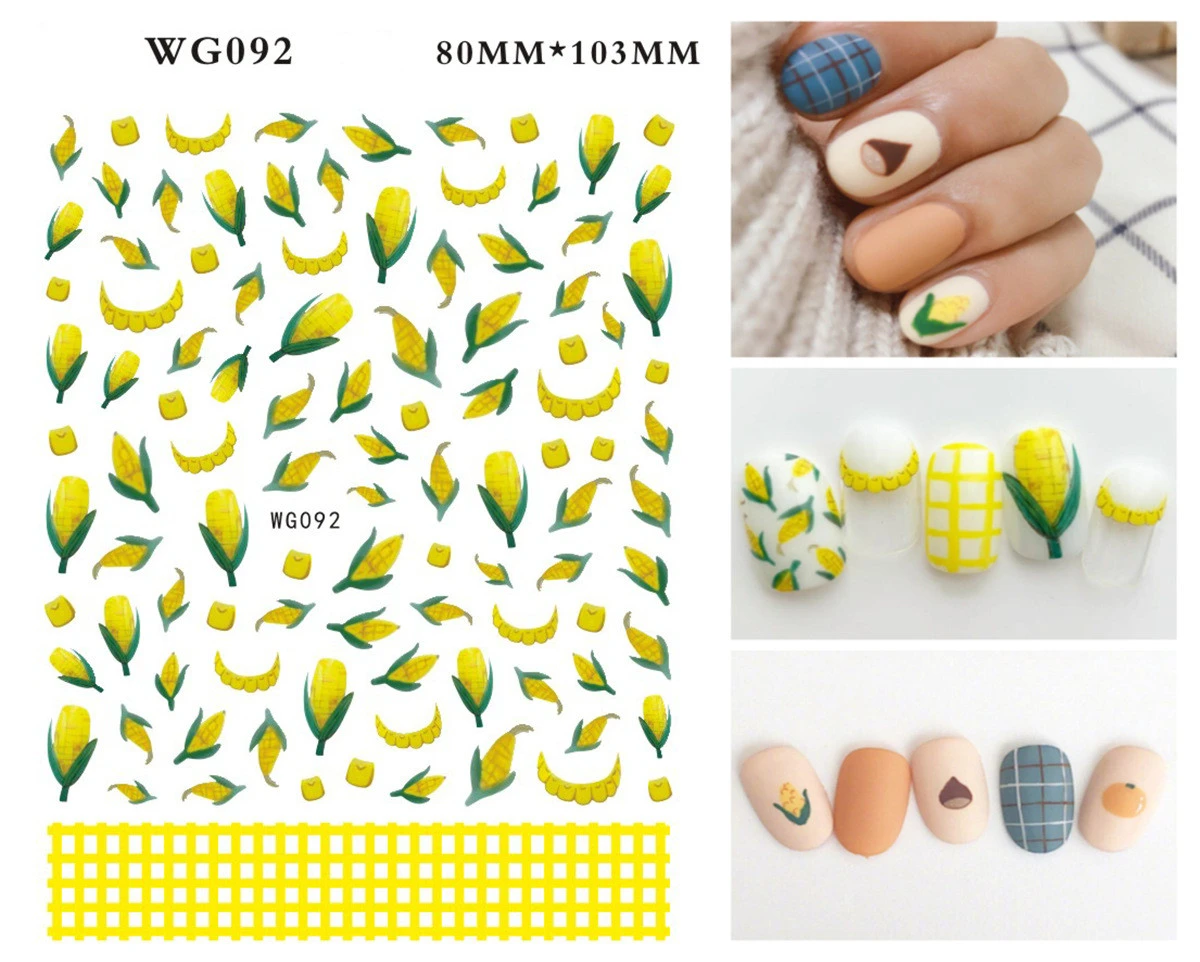 WG092-097 peach orange Dragon fruit corn carrot shapes fruit vegetable style nail stickers for nail art decoration