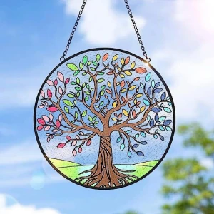 Stained glass window hanging Tree of Life Stained glass Sun Catcher with metal chain stained glass decoration