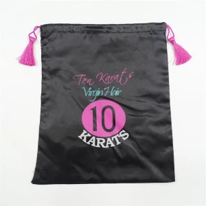 Factory Custom logo Printed Black Drawstring Packaging Silk Satin Bags With Pink Tassels