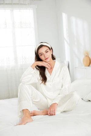 Women'S Pajama Lounge Pants Polka Dot 2021 Luxary Summer Nightwear Pajama Sets Headband Wholesal Silk Pajama
