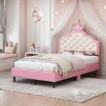 Modern Full Size PU Leather Princess Bed Crown Design Tufted Headboard Pink Cream