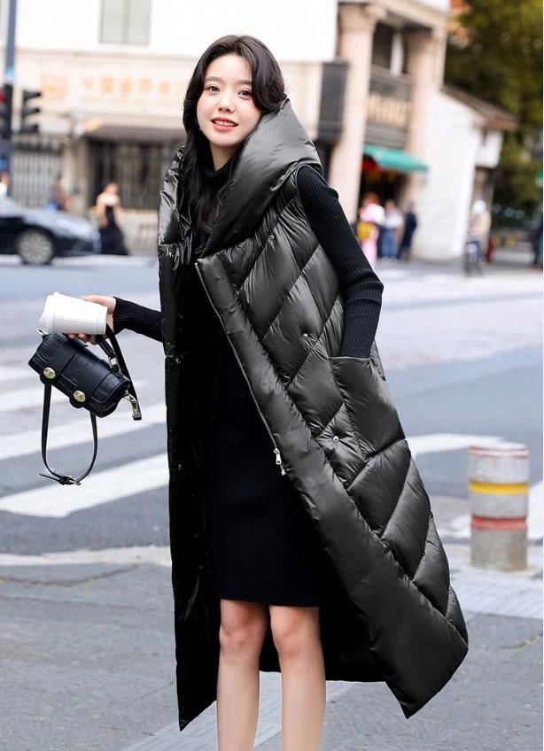 Black Hooded Long Quilted Vest Coat