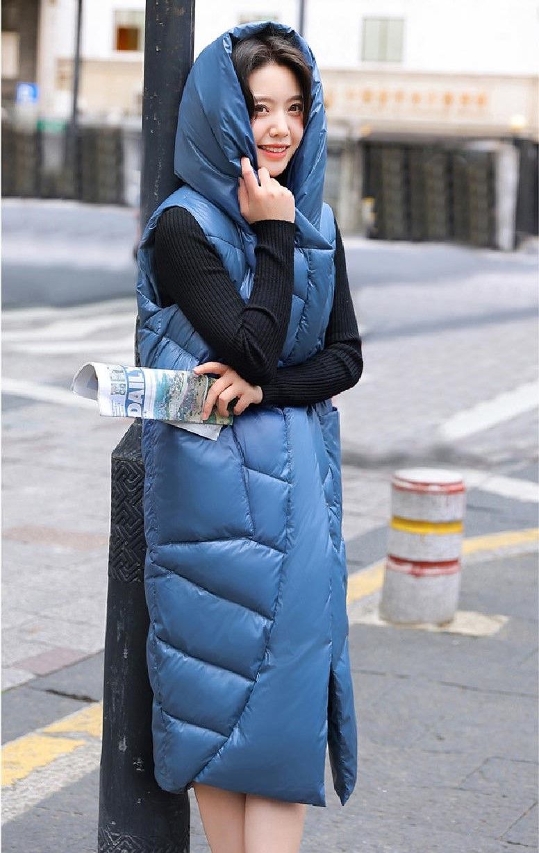 Solid Quilted Long Hooded Vest Coat