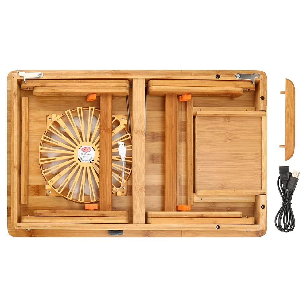 100% Bamboo with USB Fan Foldable Breakfast Serving Bed Tray Adjustable Laptop Desk Table