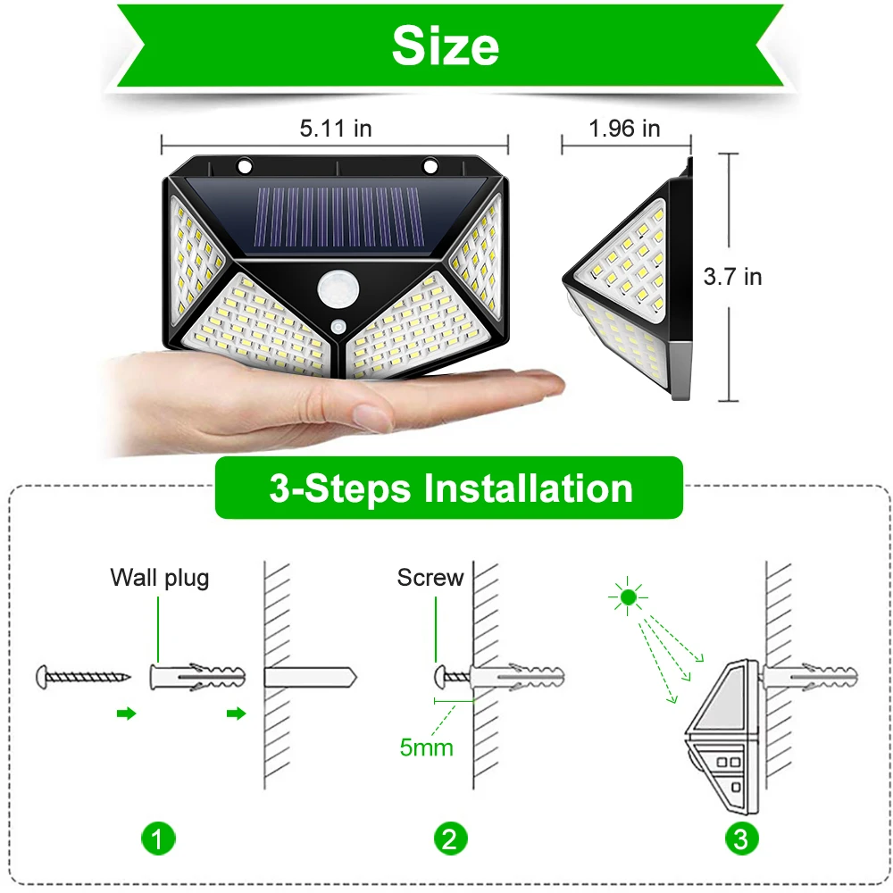 100 LED Solar Light Solar Lamp IP65 Waterproof Wall Light Solar Sunlight Powered Garden Street Light PIR Motion Sensor Outdoor