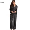 2 Piece Cassic Pajamas Set Sleepwear For Women Long Sleeve Top and Full Length Pants White Piping