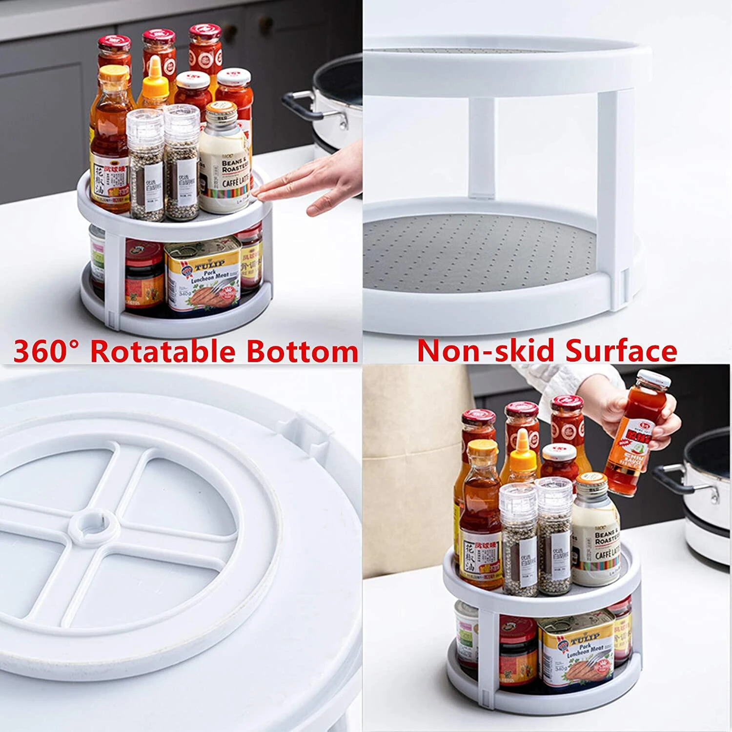 2 Tier Lazy Susan Turntable Kitchen rack Plastic Clear Organization Storage Container Bin Condiments for Cabinet Pantry