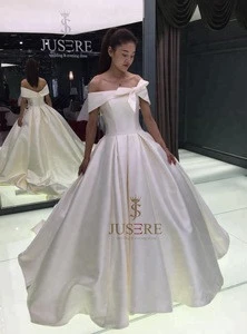 2018 Elegant Off the shoulder fitted bodice chapel train satin ball gown wedding dress