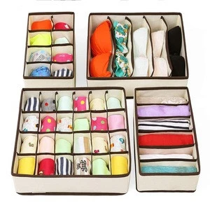 2020 Grid Closet Underwear Organizer Drawer Divider Storage Bin Box for Bras Panties Socks Ties, Set of 4, Beige