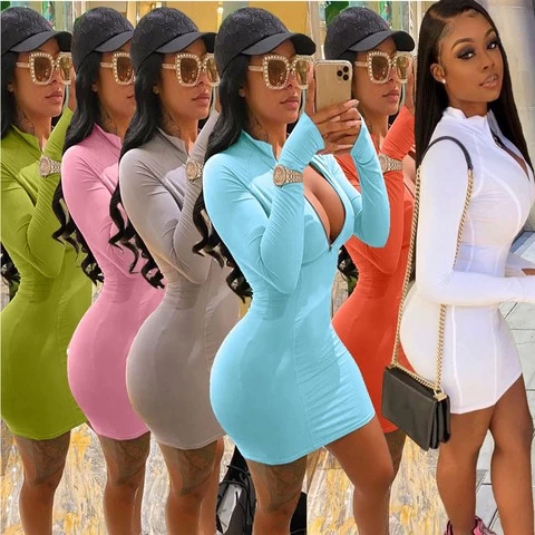 2021 New Arrivals Clothing Fashion Sexy Club Long Sleeve Bodycon Dresses Women Casual Dresses