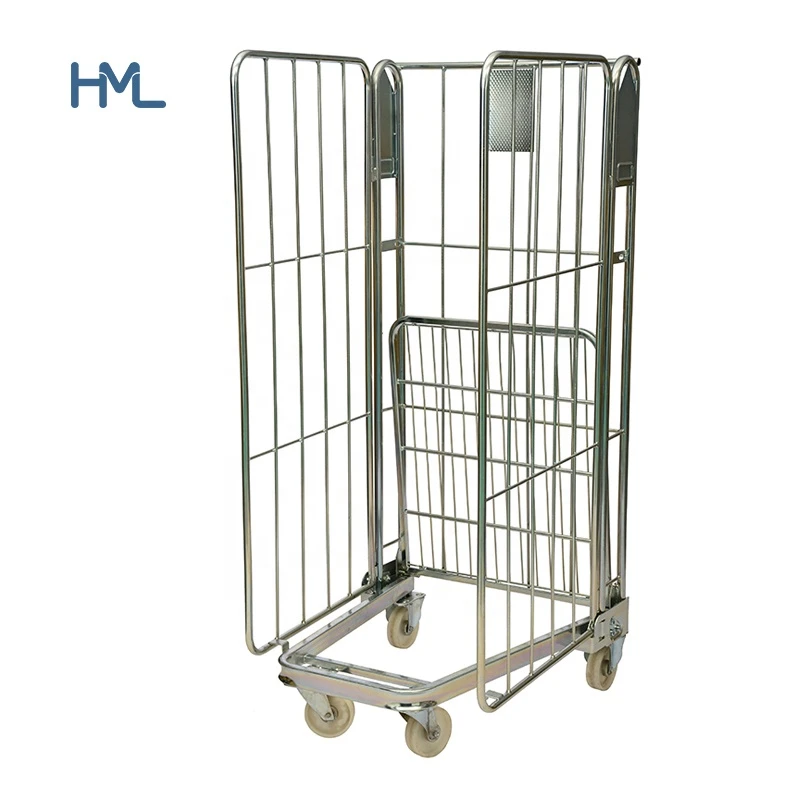 3 sided steel storage metal foldable wire mesh roll cage container trolley