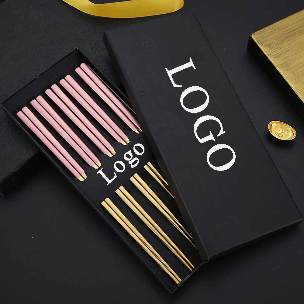 5pairs pink black gold titanium chopstick gift box set Chinese Chop stick square lightweight