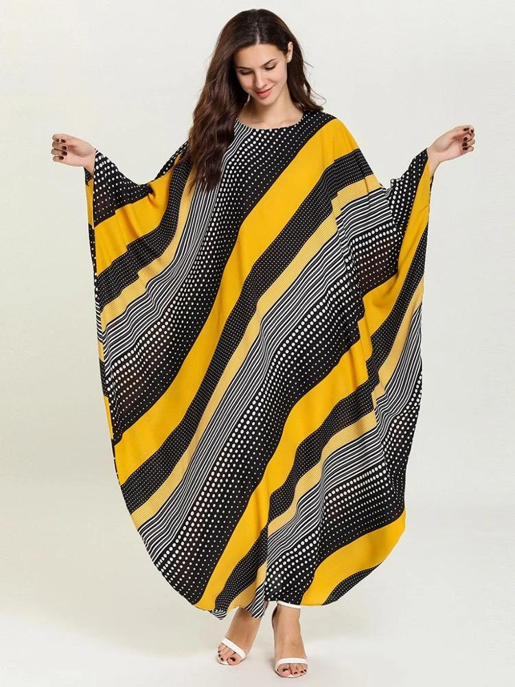 A6558 Casual Striped Maxi Dress Bat Sleeve Abaya Robe Gowns Muslim Kimono Loose Ramadan Eid Middle East Arab Islamic Clothing