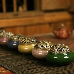 Antique Ice Crack Porcelain Aromatherapy Diffuser Cone Sandalwood Incense Censer Burner with Copper Cover