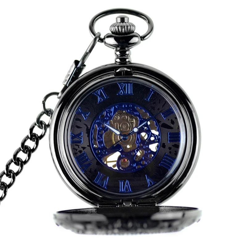 Antique Skeleton Blue Roman Numerals Dial Black Alloy Case Mechanical Hand Wind Long Fob Chain Clock Men Pocket Watch