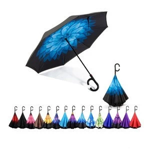 Auto Open Reverse Folding Rain  Sun Umbrella Best UV and Windproof Umbrellas C handle Inverted Golf Promotional Umbllrea Parasol