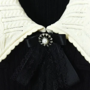 Autumn and winter new pocket color contrast lapel bow sweaters long sleeve knitted black dress