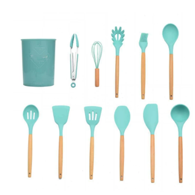 BPA Free11 PCS Silicone Kitchen  Utensils  Sets Tool Cooking Utensils  with Wood Handles Turner Tongs Spatula Spoon