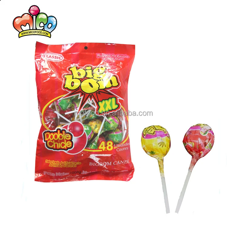 China Wholesale Confectionary 18G Fruit Flavor Big Bom Lollipop With Bubble Gum In Center Candy