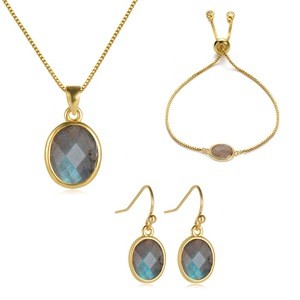 Cliobeads oval cabochon checker board cut double side faceted labradorite 18k gold plated gemstone necklace jewelry sets