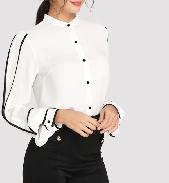Custom Casual White Stylish Contrast Binding Curved Hem Shirt Blouse For Women