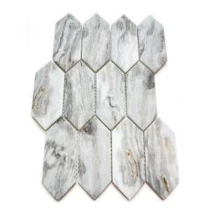 Decorative white natural stone grey picket pattern hexagon shape wall tiles recycle glass mosaic