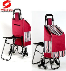 Easy go foldable shopping hand cart with chair go upstair cart trolley with seat