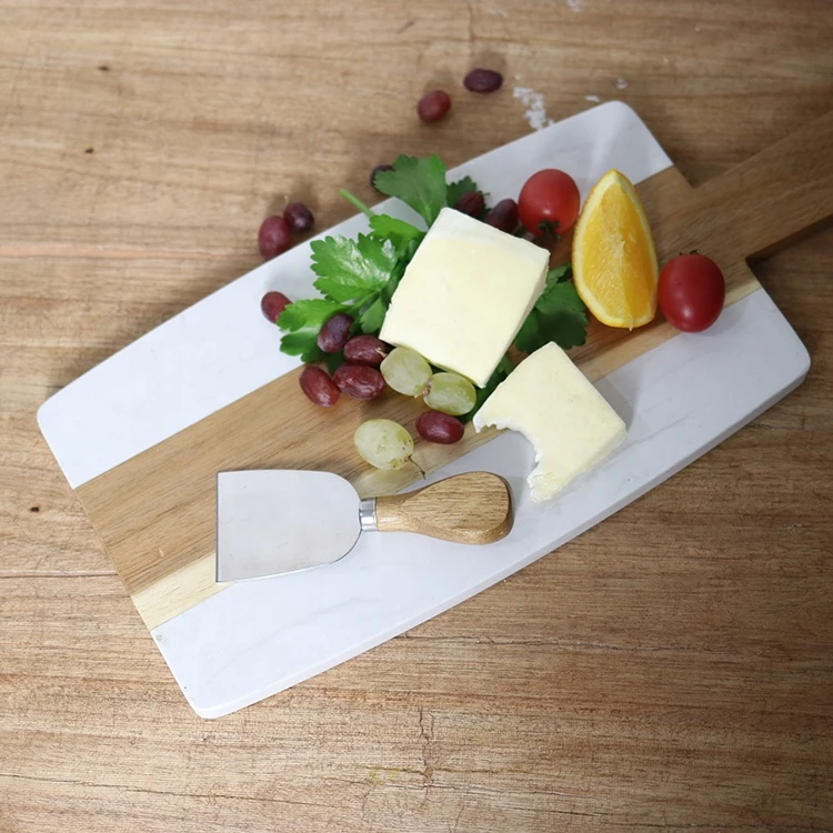 Eco friendly Ouhai Factory Restaurant Rectangle Acacia Kitchen Steak Marble Wood Cheese Board With Handle