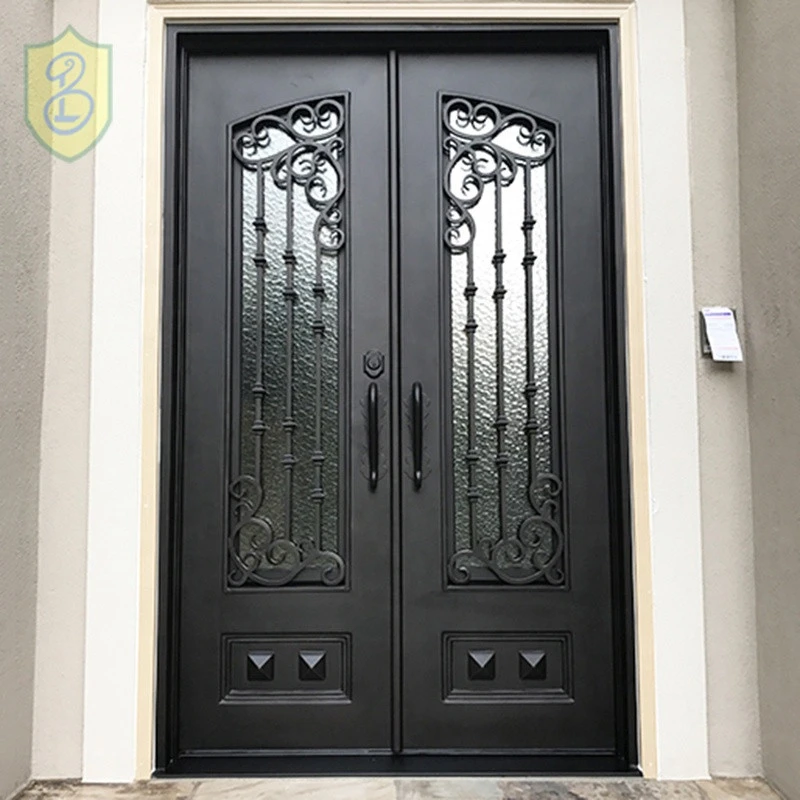 Elegant villa entry square entrance door wrought iron double door galvanized cast iron front door grill design