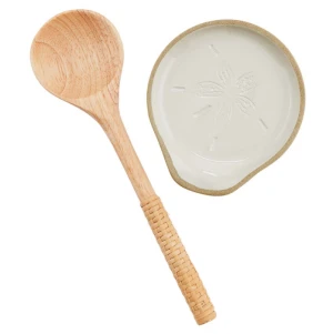 Engraved Wood Happy Ceramic Serving Spoon With Ruffle Rim Hand Painted Ceramic Spoon Rest Set