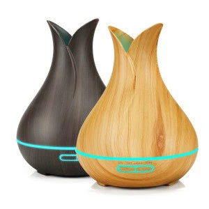 Factory Directly Sales 400ml Remote control Vase LED Light Wooden Grain ultrasonic Air Humidifier Aroma Diffuser