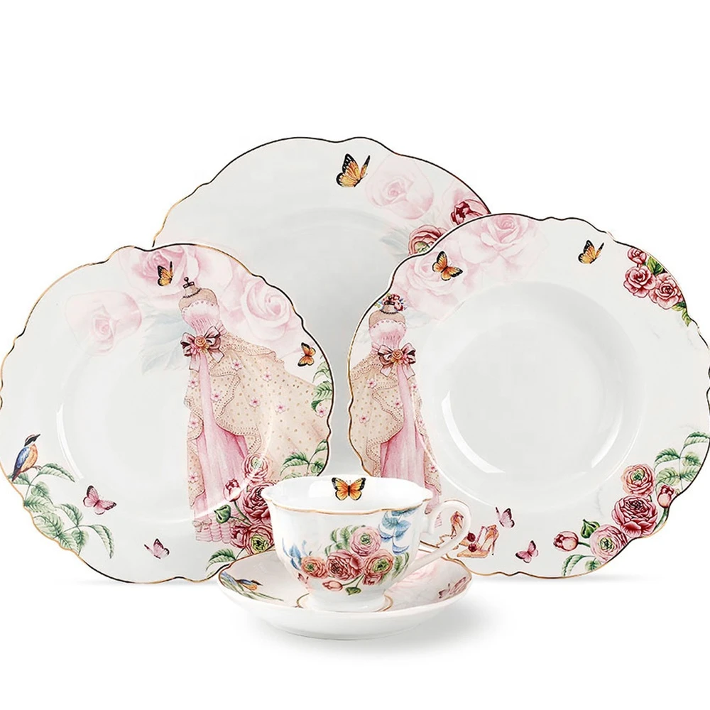 Factory supply floral wedding dinnerware 20pcs crockery glazed royal porcelain dinner set