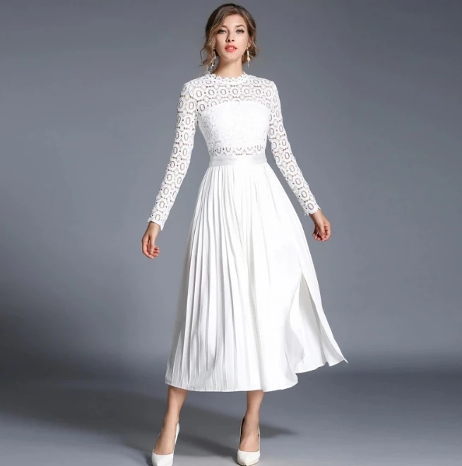 Flower Lace Top Long Sleeves Mock Neck White Bridesmaid Ladies Pleated Dress