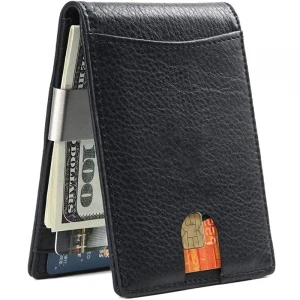 Genuine Leather Mens Wallet Front Pocket RFID Blocking With Metal Money Clip Laser Your LOGO