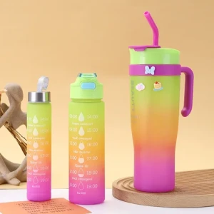 Gradient Water Cup Large Capacity Mug Car Cup Fitness Sports Straw Water Cup 3-pcs Set Plastic Kettle Outdoor Travel Gym Bottles