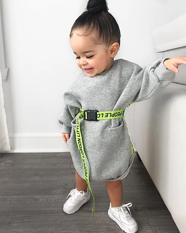Gray Letter Dress Neon Green Belt Fashion Toddler Baby Sport Casual Outfit Kid Girl Clothes in amazon hot sale