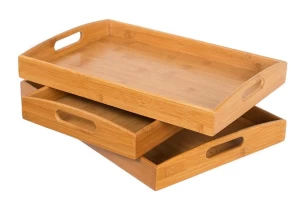 Handmade 3 pcs Bamboo Breakfast Bed Tray / Bamboo  Serving Tray/ Bamboo Food Tray with  Cut Out Handle Set of 3