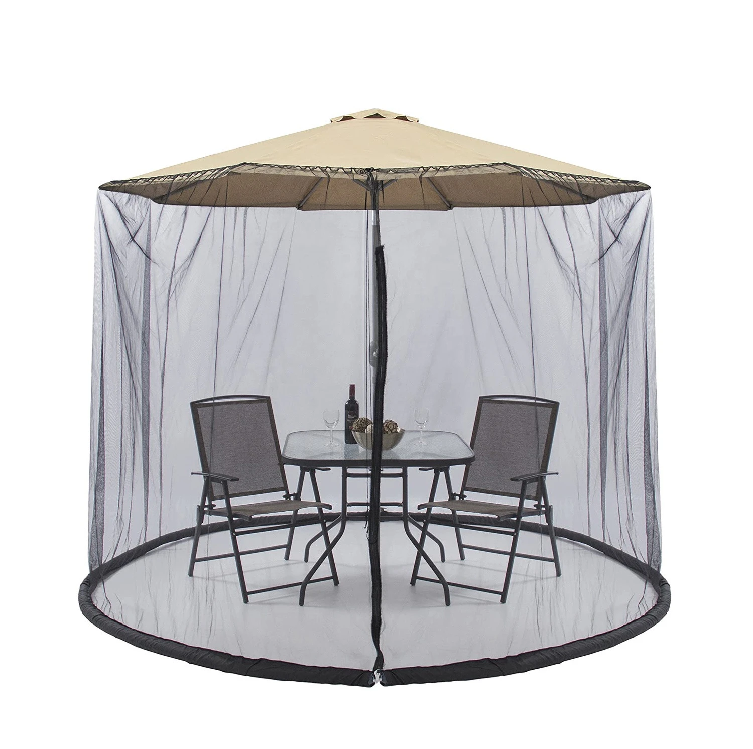 HomeRoots 9 Patio Umbrella Outdoor Table Bug Screen Mesh Black Mosquito Net Canopy Curtains Adjustable Enclosure Large Umbrella