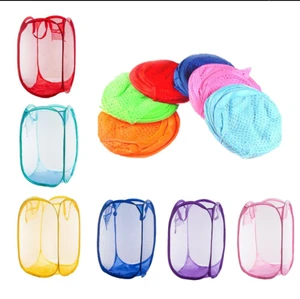HS- Foldable Pop Up Mesh Washing Laundry Basket Hamper Bag Bin Tidy Clothes Storage