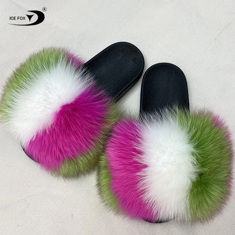 Ice Fox Wholesale Casual Shoes Pom Pom Fur Slides Custom Ladies Fur Ball Slippers