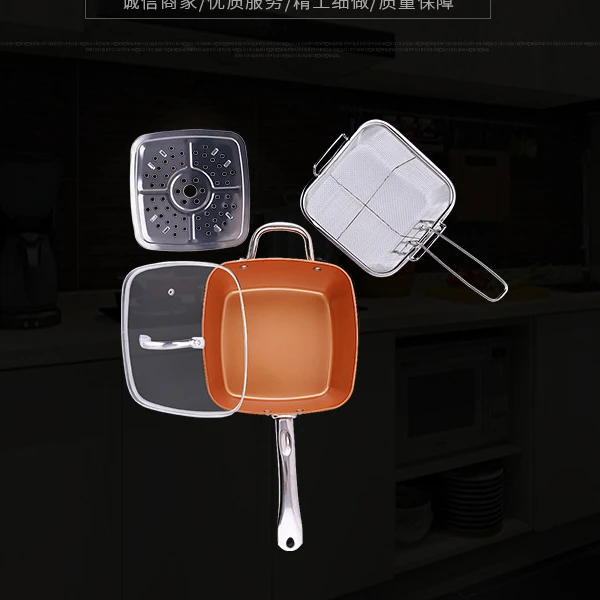 Induction Non-Stick Square Copper Frying Pan Set with glass lid Aluminum Ceramic Non Stick Coating Square Fry Pan