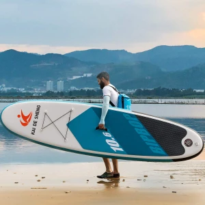 Inflatable surfboard, peacock pattern yoga type SUP including tote bag non-slip deck paddle hand pump bottom fin and tow rope