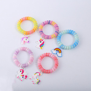 JOJO Wholesale Custom DIY Holographic Rainbow Telephone Elastic Cute Unicorn Charm Girls Children Bracelet