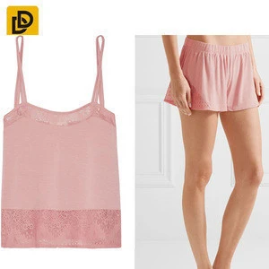 Lace-trimmed stretch-jersey pajama thin double straps top and matching shorts