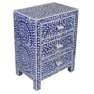 Lapiz Blue Three Drawer Mother of Pearl Inlay Bedside/ Nightstand/ Side Table